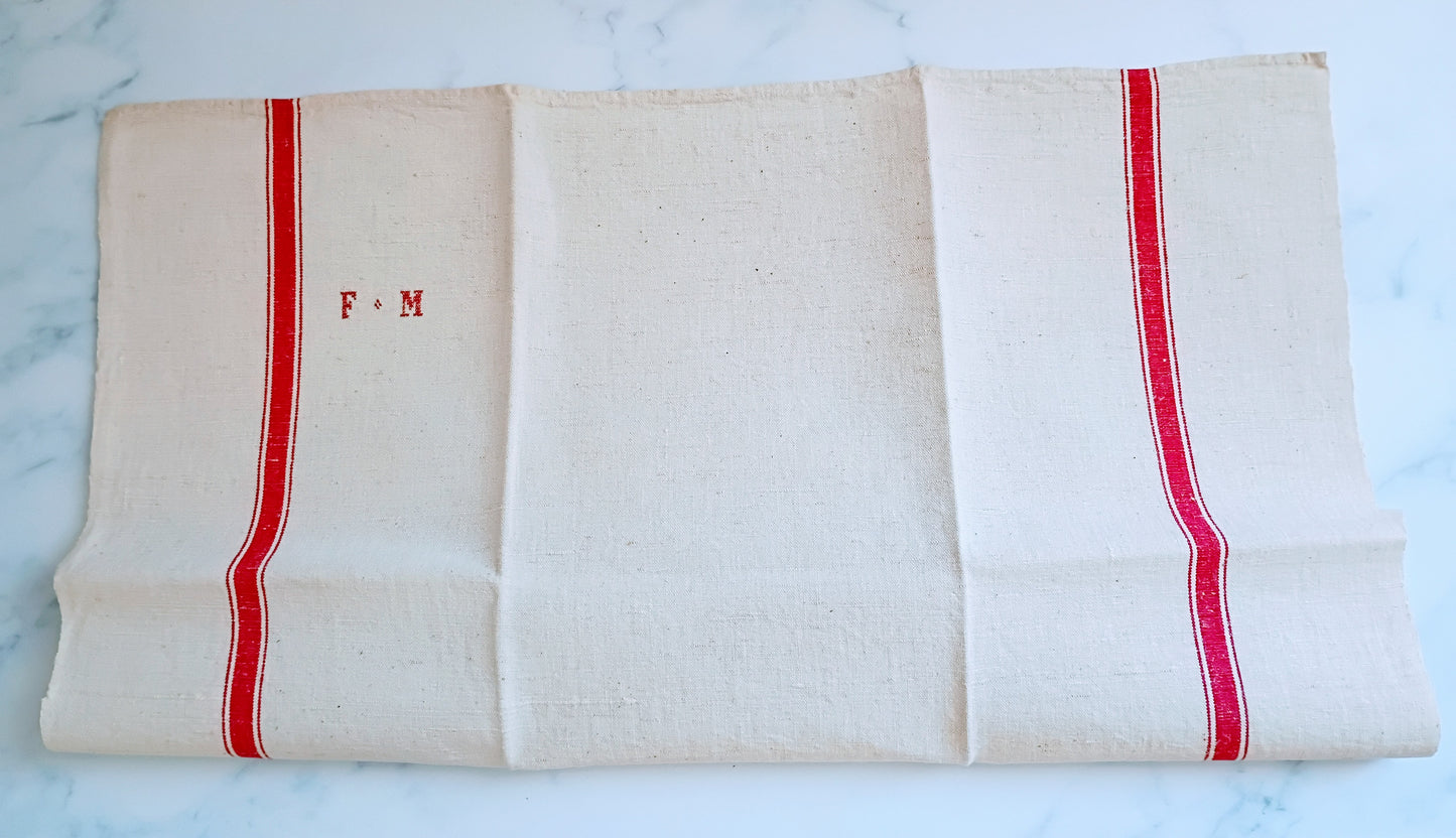 Vintage French Linen Kitchen Towel with Monogram "FM"