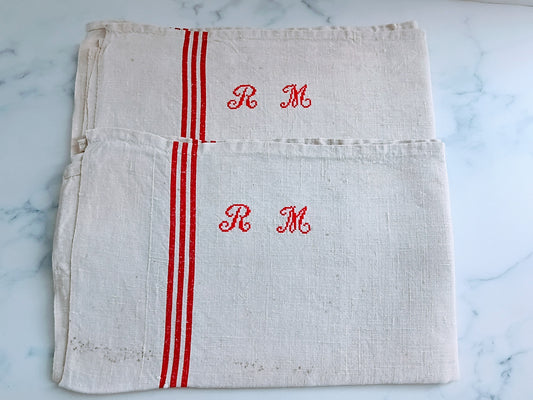 Vintage French Linen Kitchen Towel with Monogram "RM"