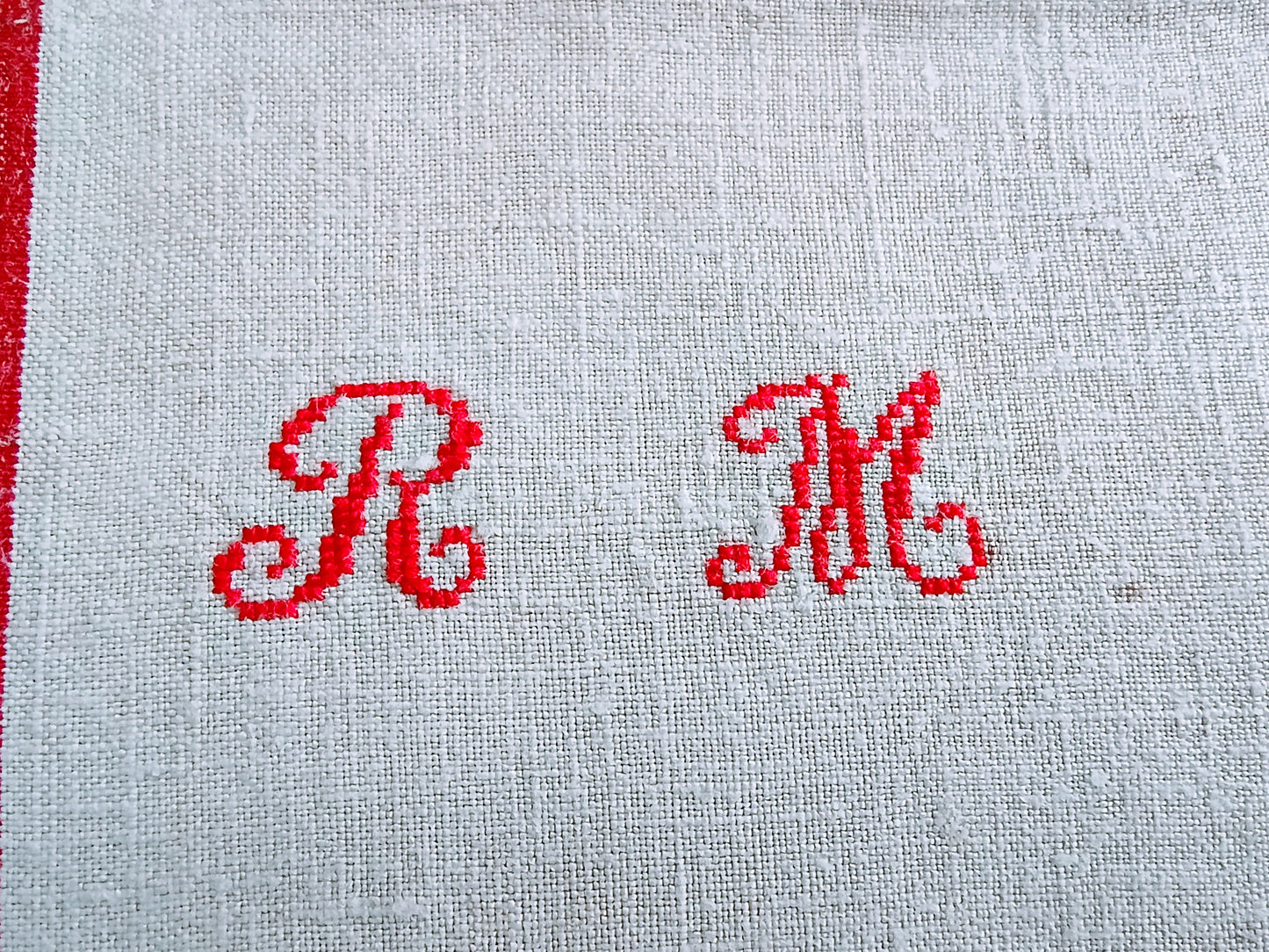 Vintage French Linen Kitchen Towel with Monogram "RM"