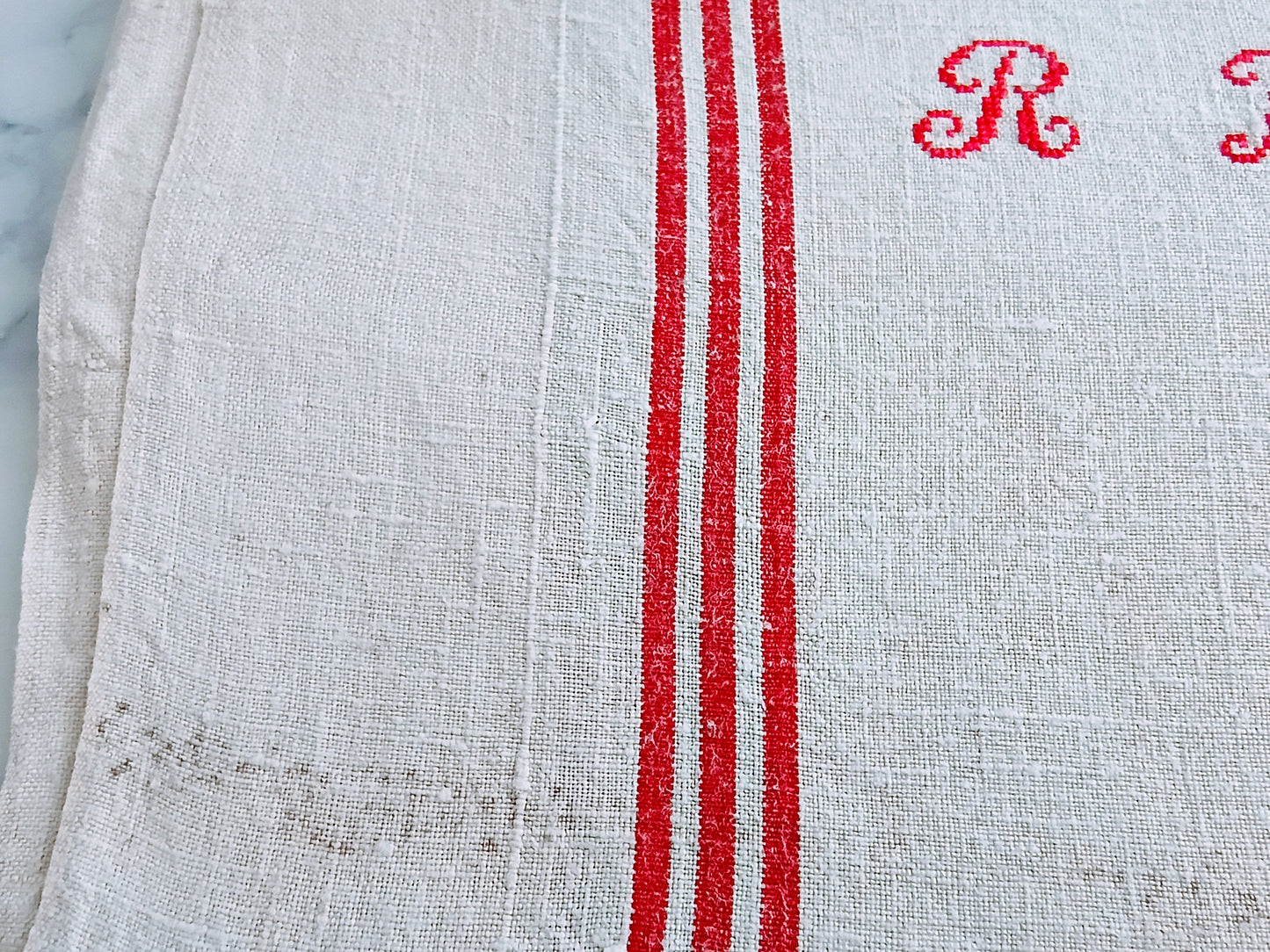Vintage French Linen Kitchen Towel with Monogram "RM"