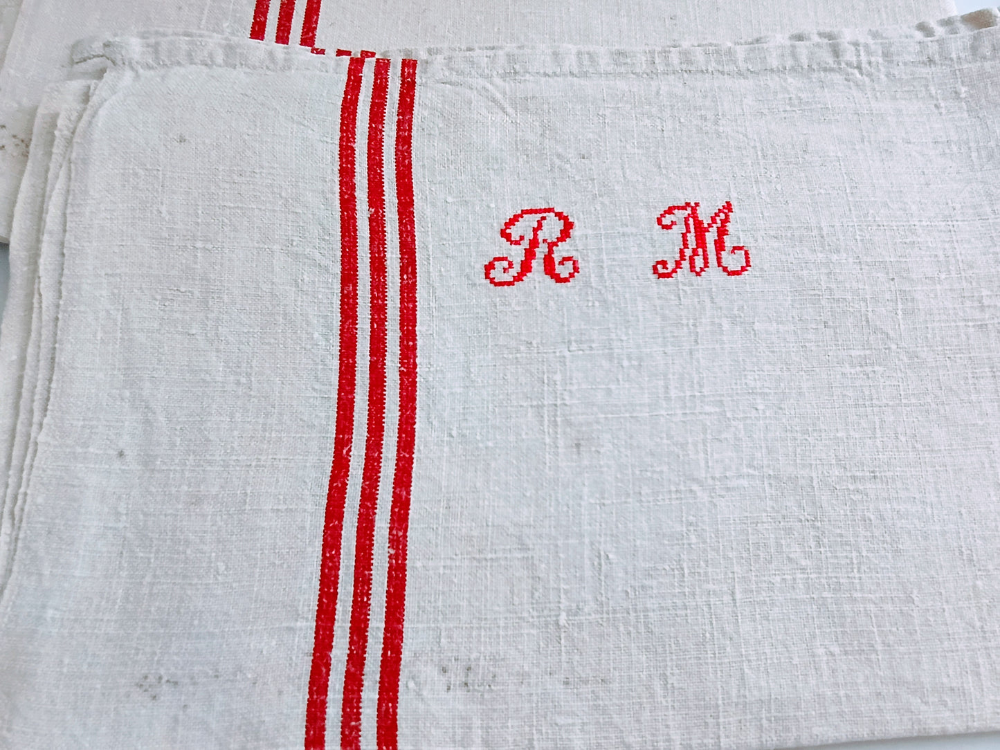Vintage French Linen Kitchen Towel with Monogram "RM"