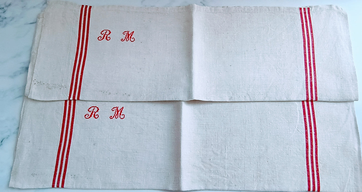 Vintage French Linen Kitchen Towel with Monogram "RM"