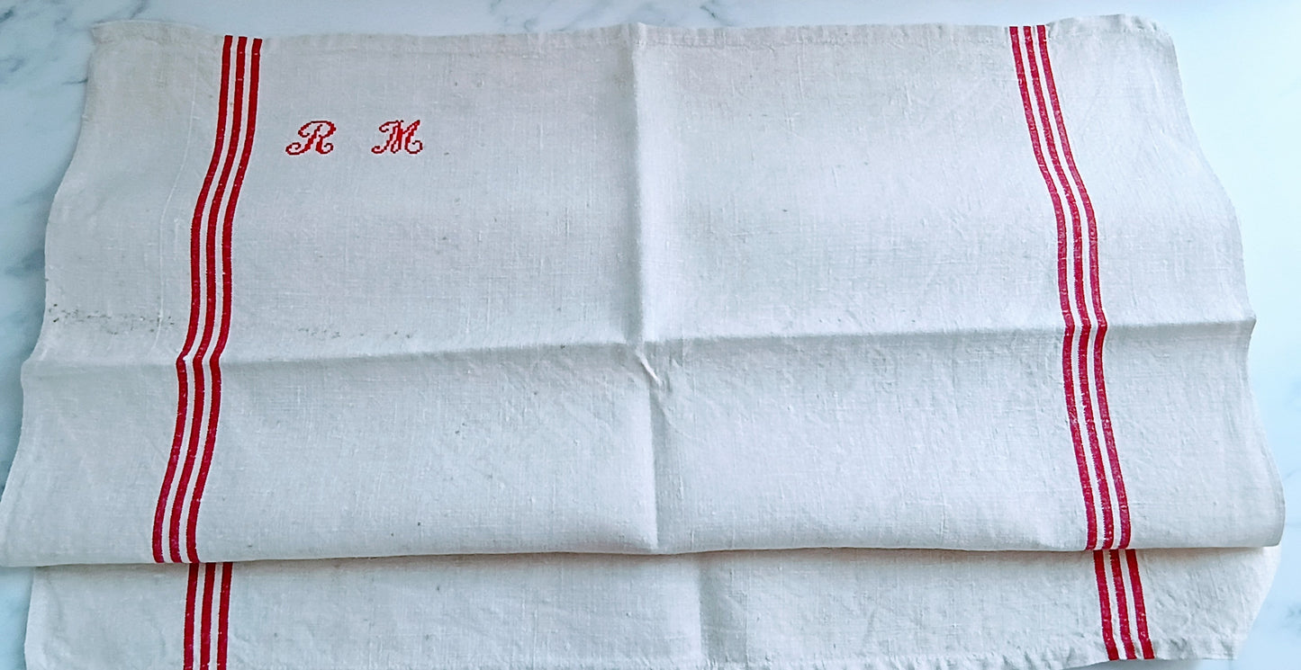 Vintage French Linen Kitchen Towel with Monogram "RM"