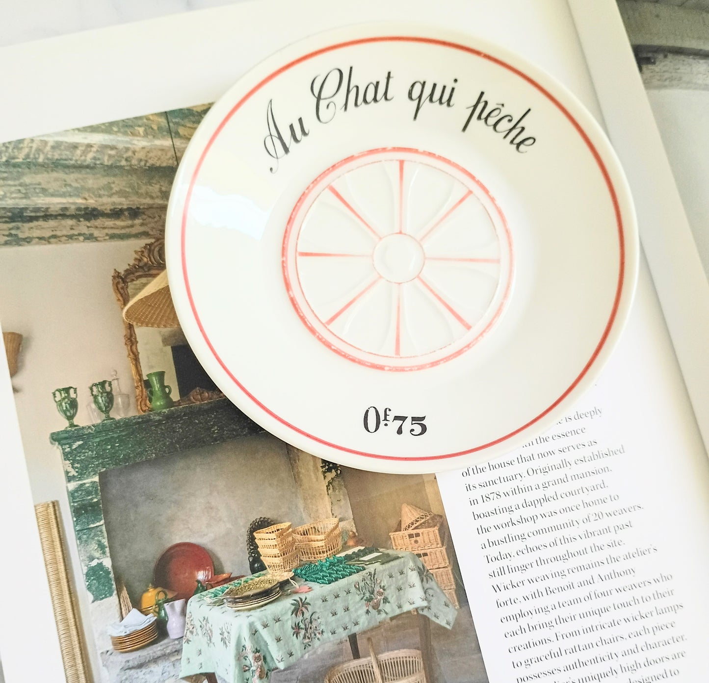 Vintage French Mid-Century Red Bistro Saucer 5"- Au Chat Qui Pêche