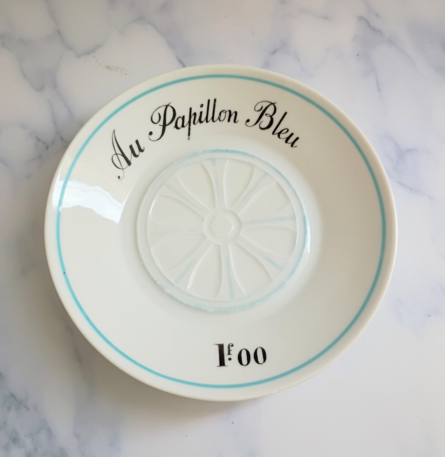 Vintage French Mid-Century Light Blue Bistro Saucer 5"- Au Papillon Bleu