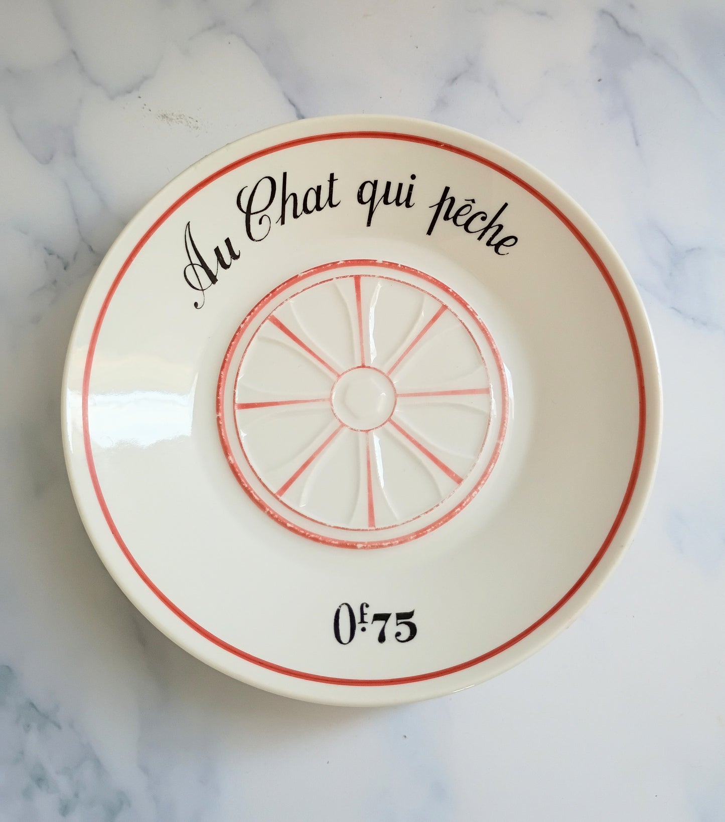 Vintage French Mid-Century Red Bistro Saucer 5"- Au Chat Qui Pêche