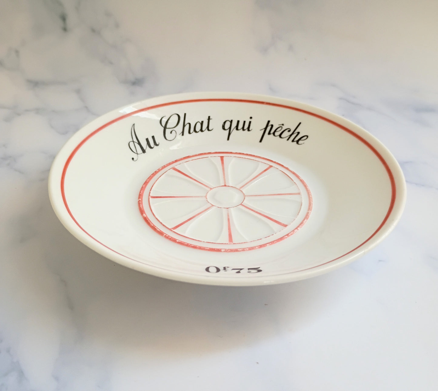 Vintage French Mid-Century Red Bistro Saucer 5"- Au Chat Qui Pêche