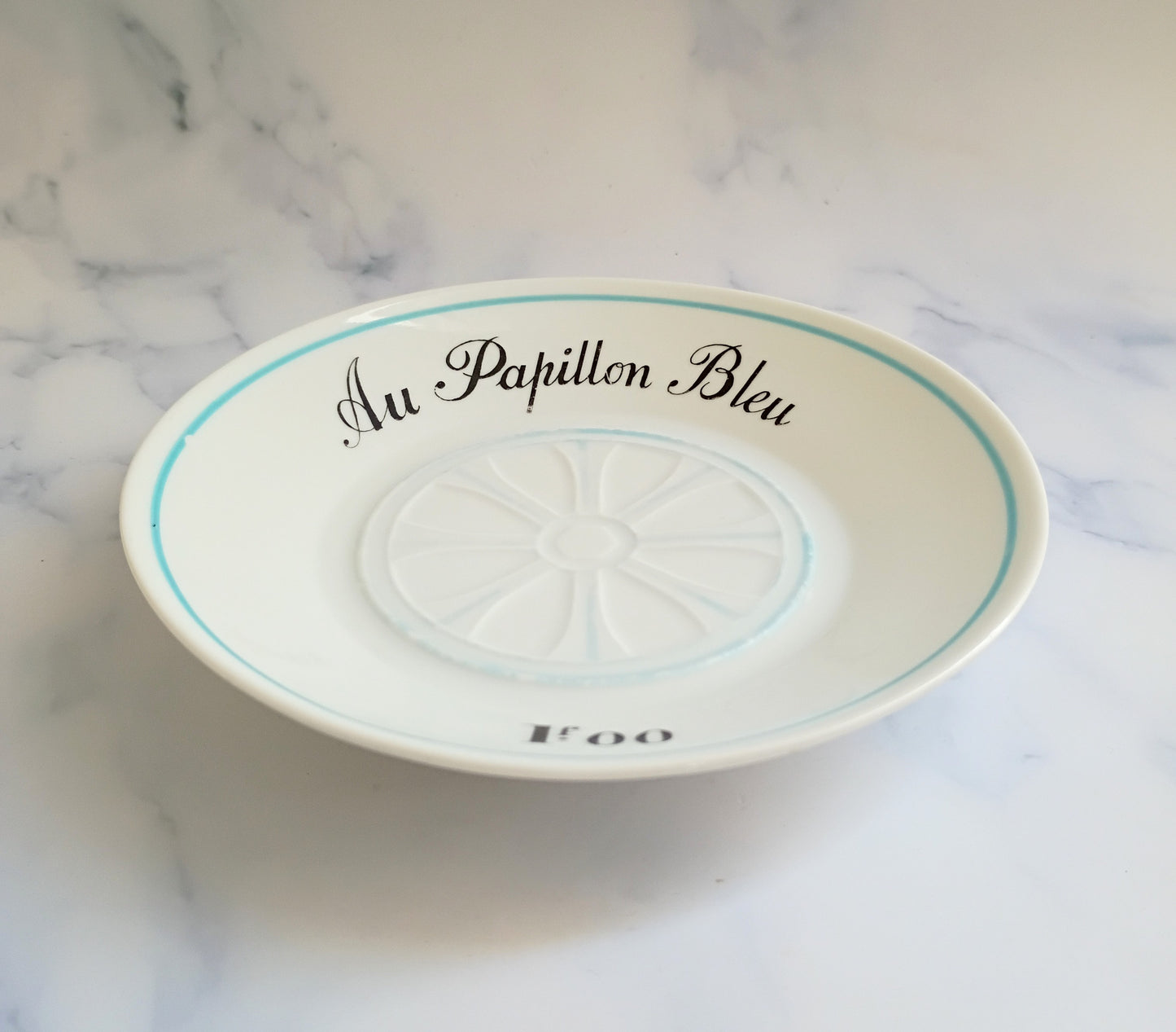 Vintage French Mid-Century Light Blue Bistro Saucer 5"- Au Papillon Bleu