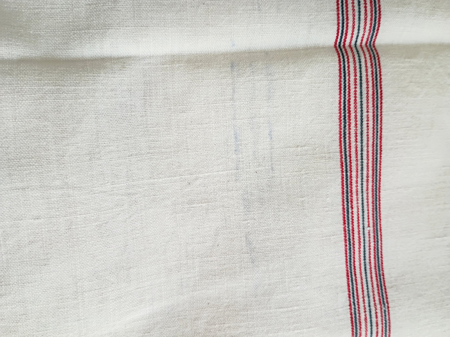 3 Vintage French Linen Tea Towels, Blue Red Stripe "MF" Monogram