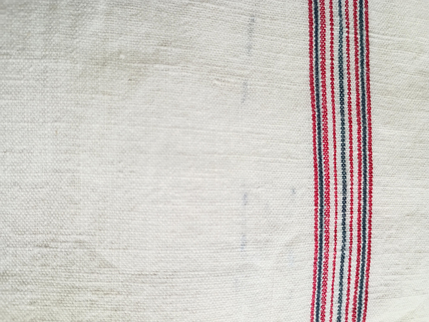 3 Vintage French Linen Tea Towels, Blue Red Stripe "MF" Monogram