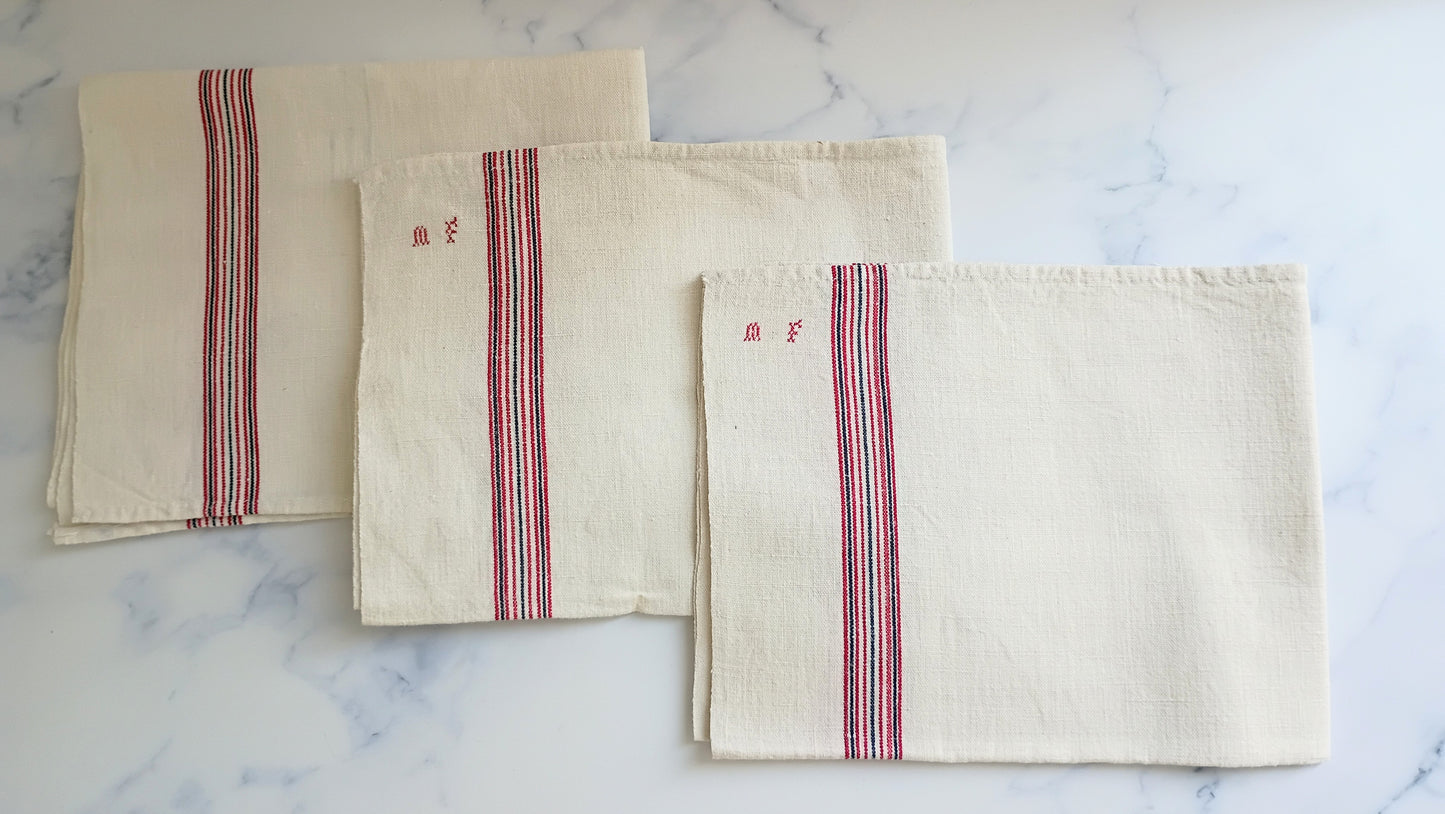 3 Vintage French Linen Tea Towels, Blue Red Stripe "MF" Monogram