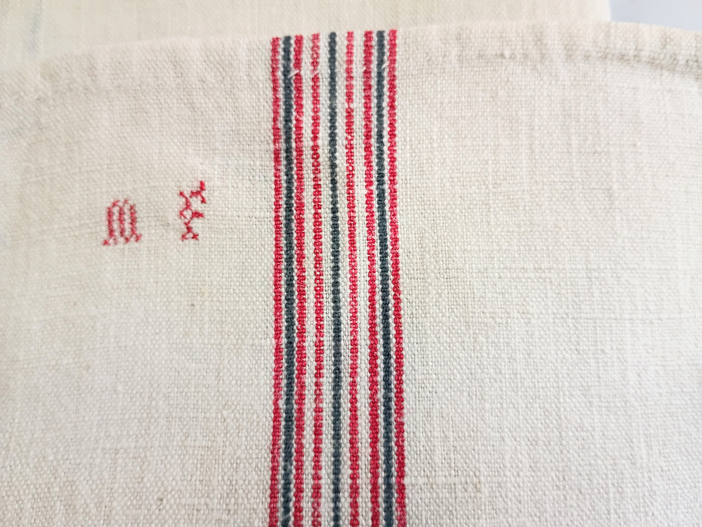 3 Vintage French Linen Tea Towels, Blue Red Stripe "MF" Monogram