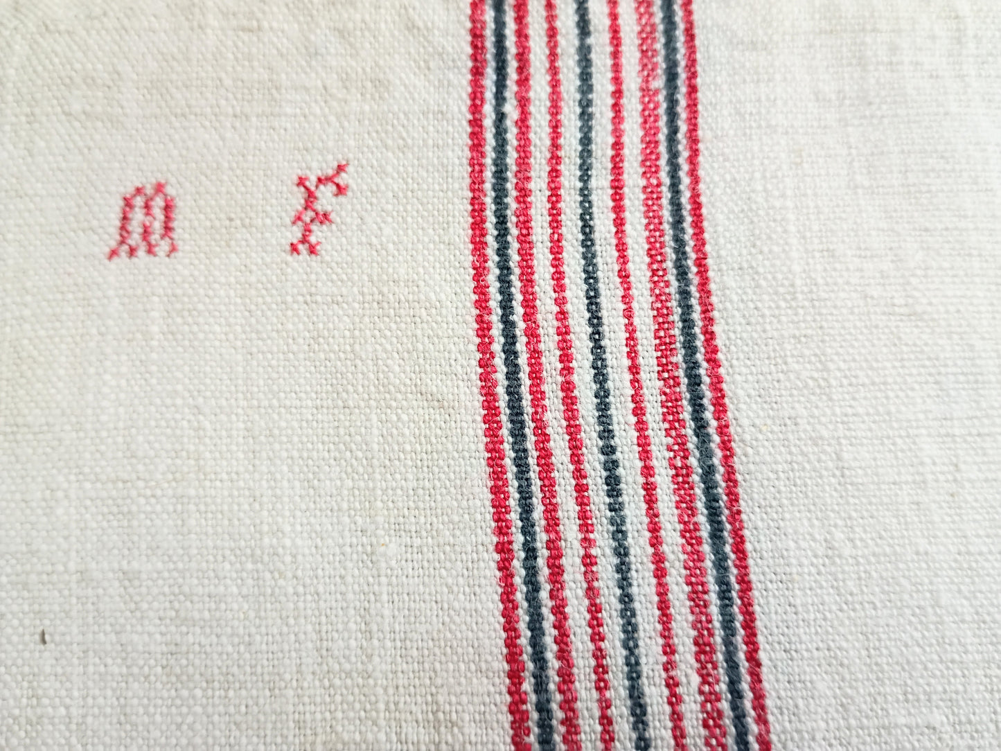 3 Vintage French Linen Tea Towels, Blue Red Stripe "MF" Monogram