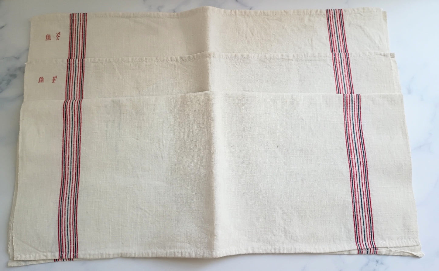 3 Vintage French Linen Tea Towels, Blue Red Stripe "MF" Monogram
