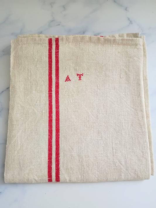 Vintage French Linen Kitchen Towel with Monogram "AF"