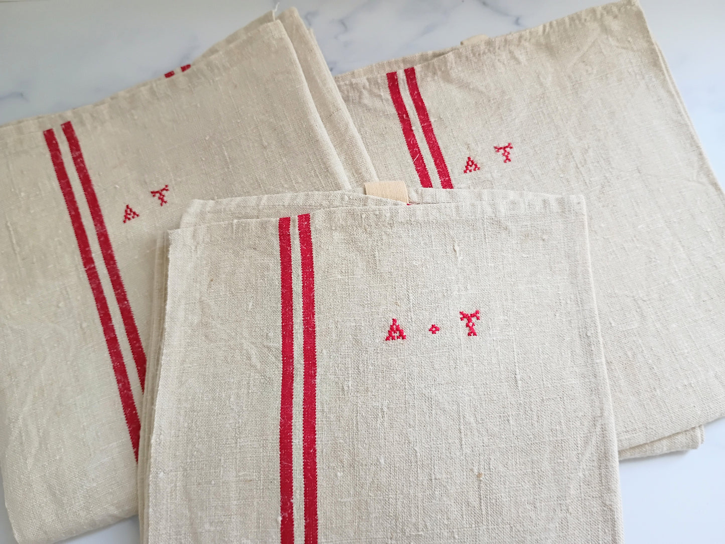 Vintage French Linen Kitchen Towel with Monogram "AF"