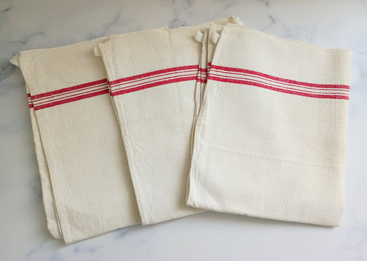 Set of 3 French Classic Red Stripe Vintage Linen Tea Towels