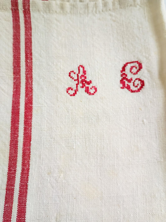 Vintage French Linen Kitchen Towel with Monogram "AG"