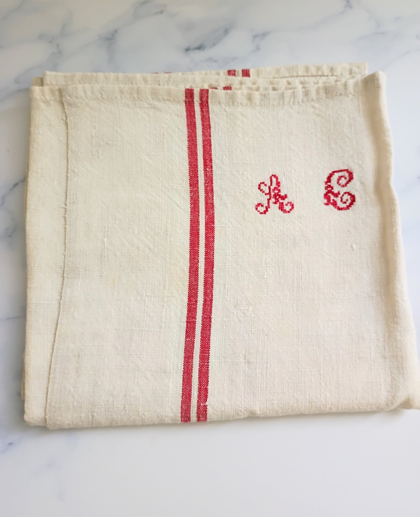 Vintage French Linen Kitchen Towel with Monogram "AG"