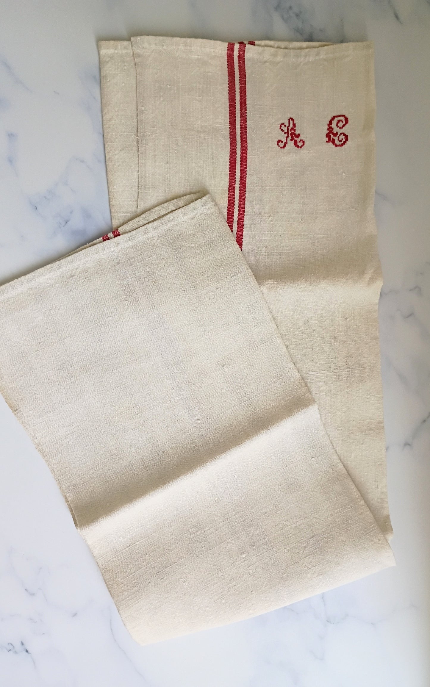 Vintage French Linen Kitchen Towel with Monogram "AG"