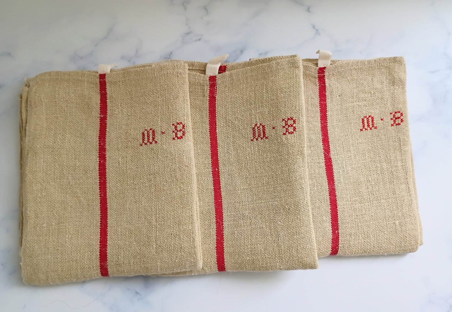 Vintage French Beige Hemp Kitchen Towel with Monogram "MB)