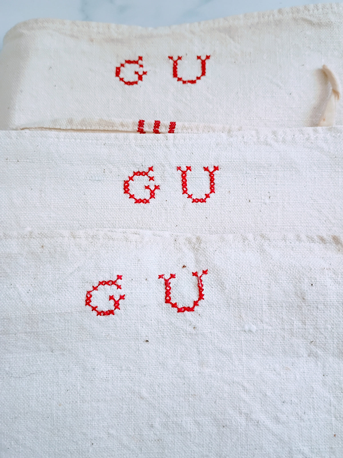 Vintage French Linen Kitchen Towel with Monogram "GU"