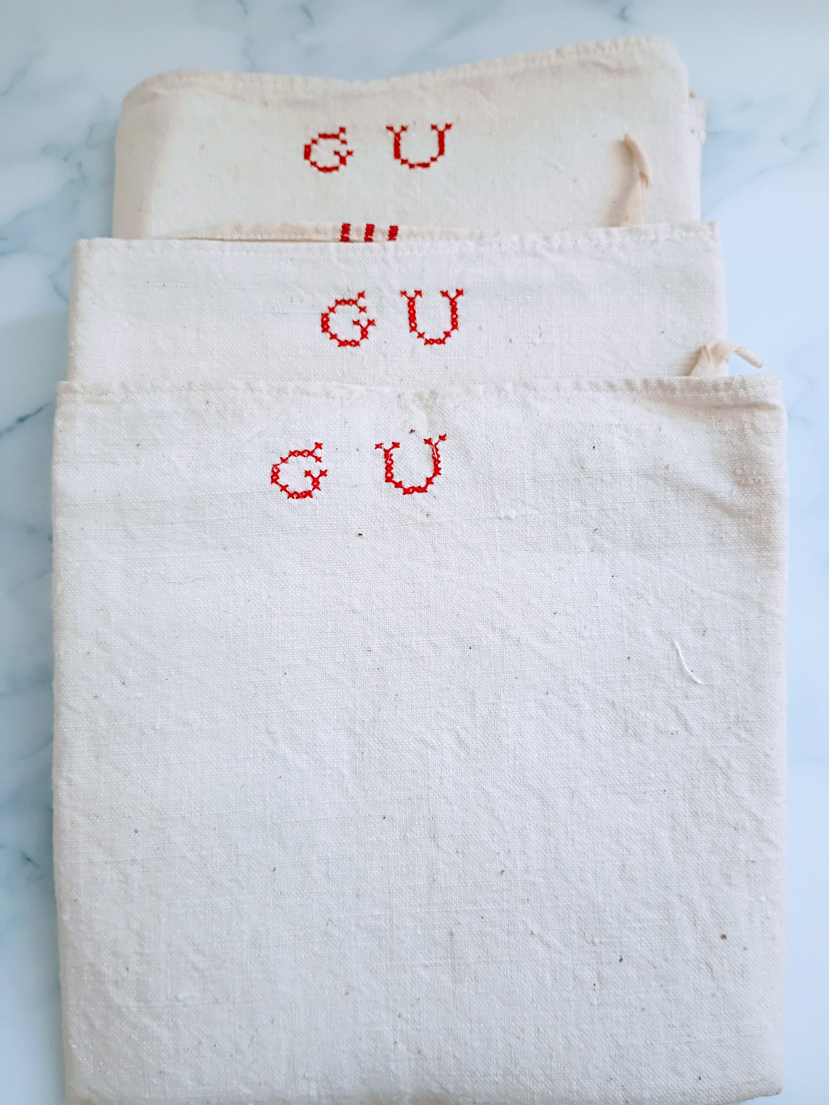 Vintage French Linen Kitchen Towel with Monogram "GU"