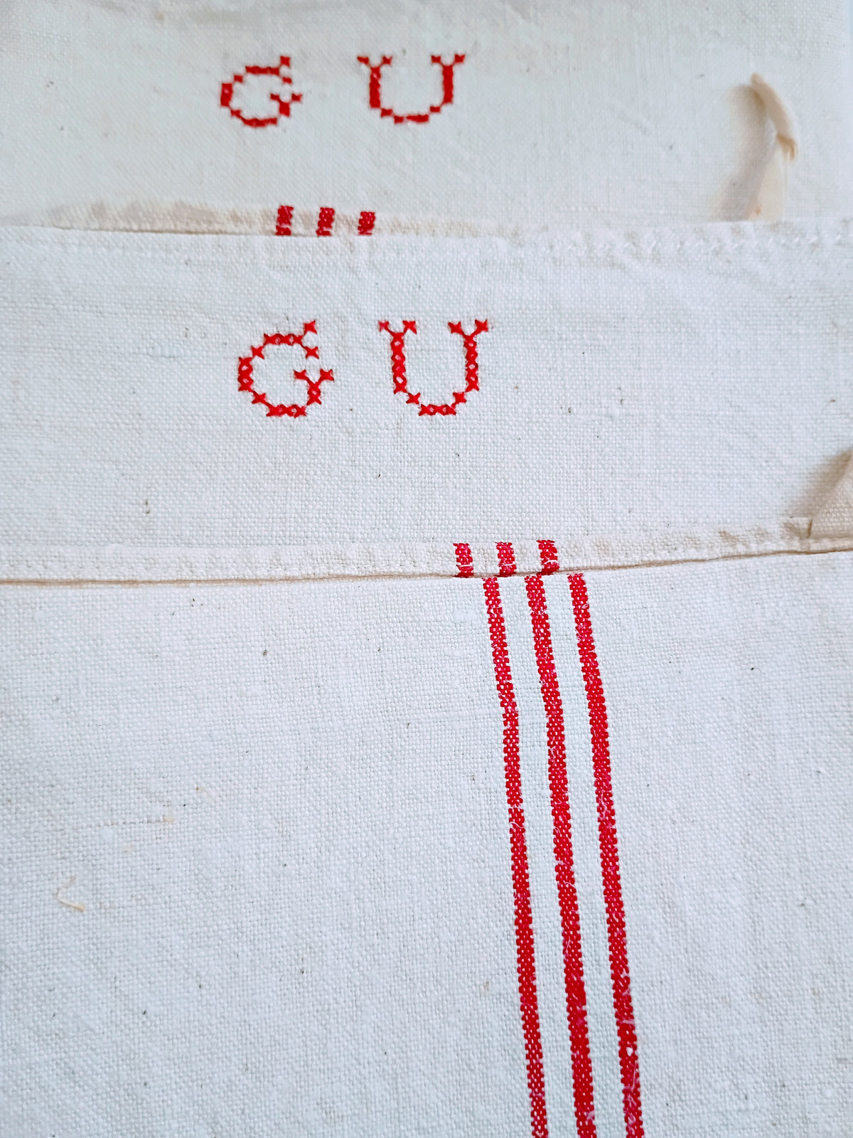 Vintage French Linen Kitchen Towel with Monogram "GU"
