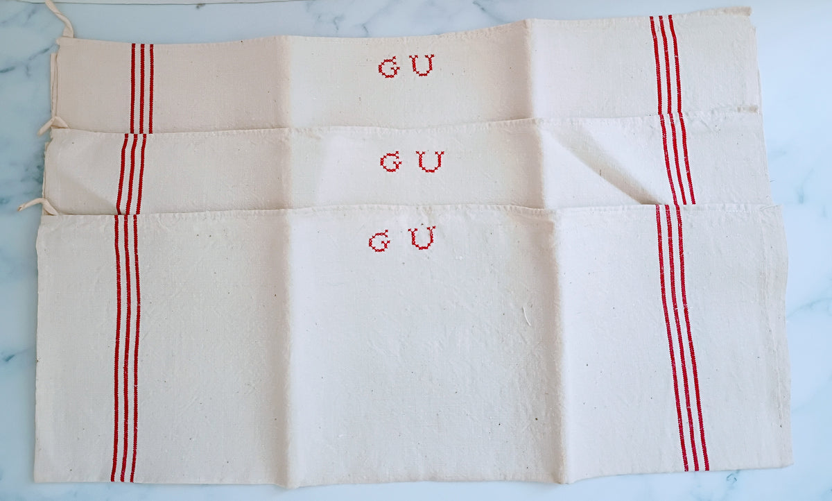 Vintage French Linen Kitchen Towel with Monogram "GU"