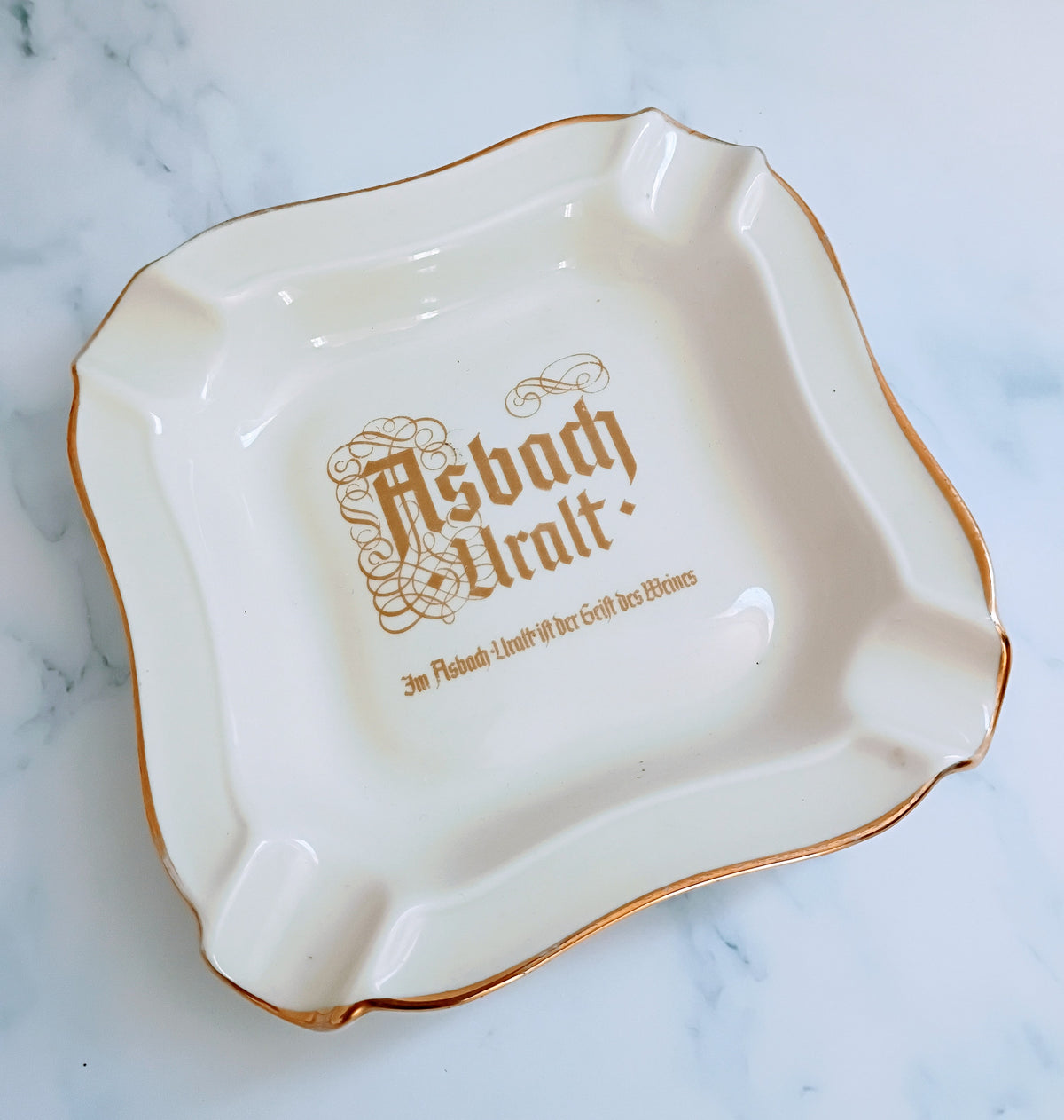 Vintage German Asbach Uralt Gold Emblem Cream Porcelain Ashtray