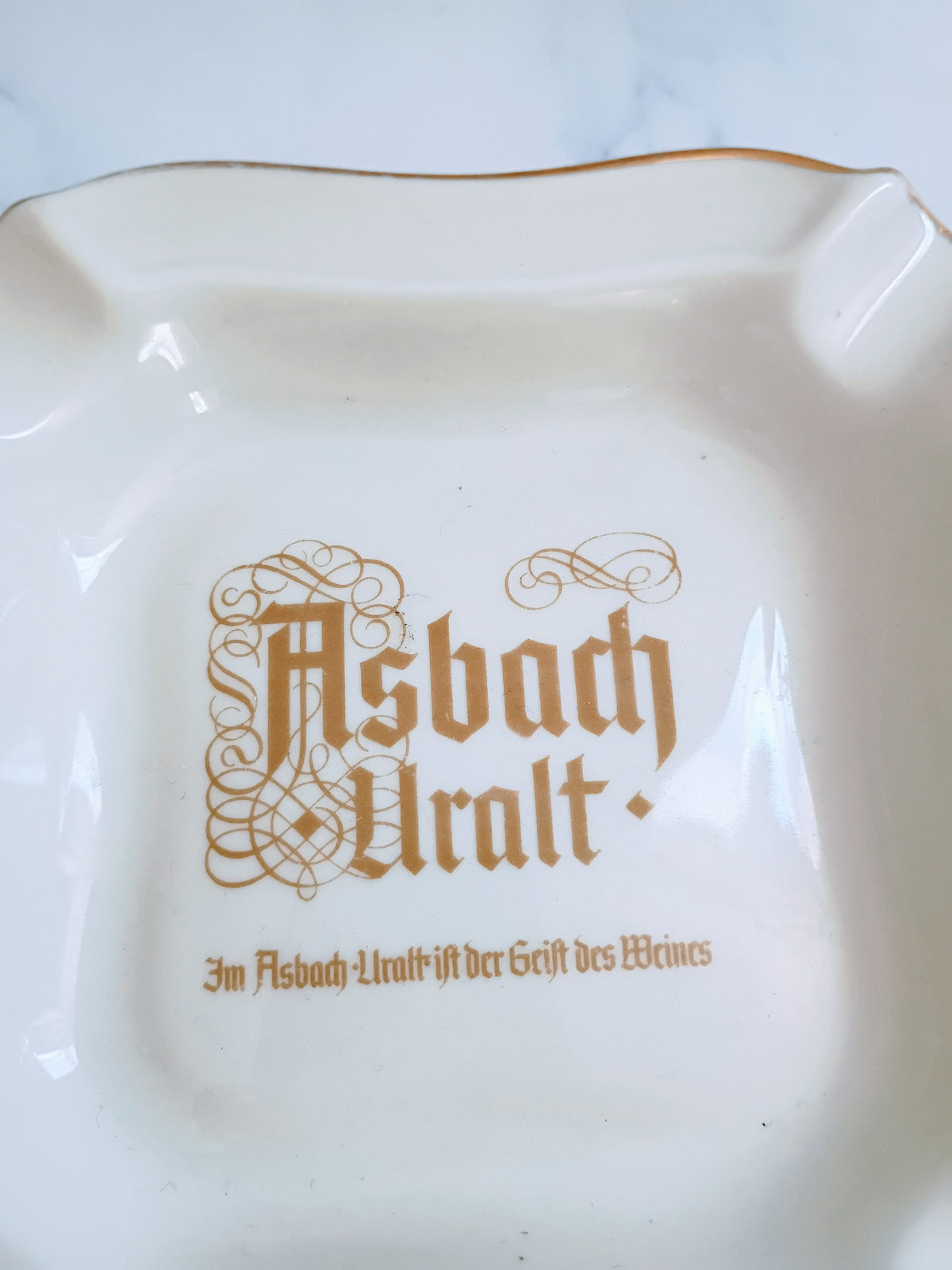 Vintage German Asbach Uralt Gold Emblem Cream Porcelain Ashtray