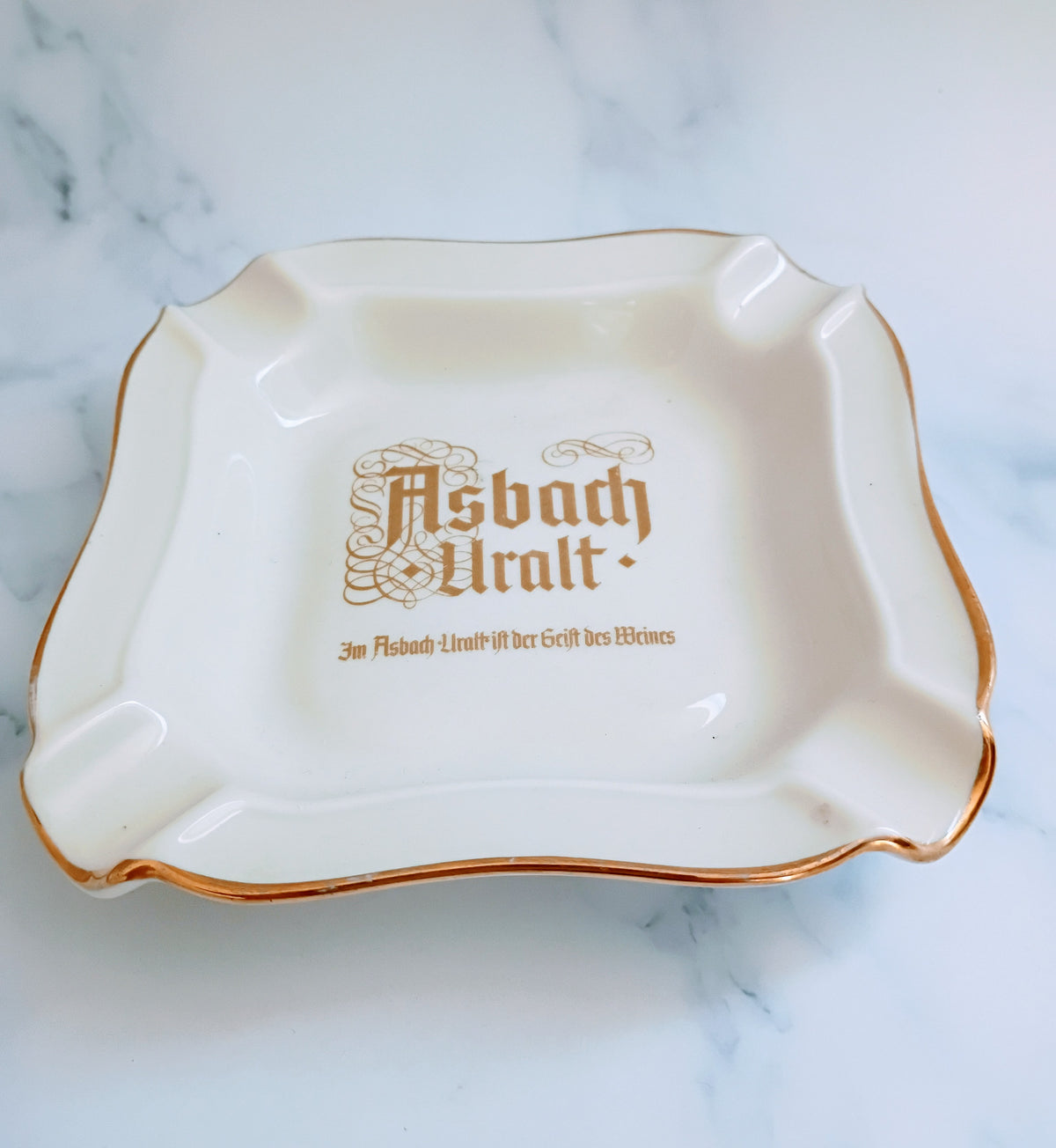 Vintage German Asbach Uralt Gold Emblem Cream Porcelain Ashtray