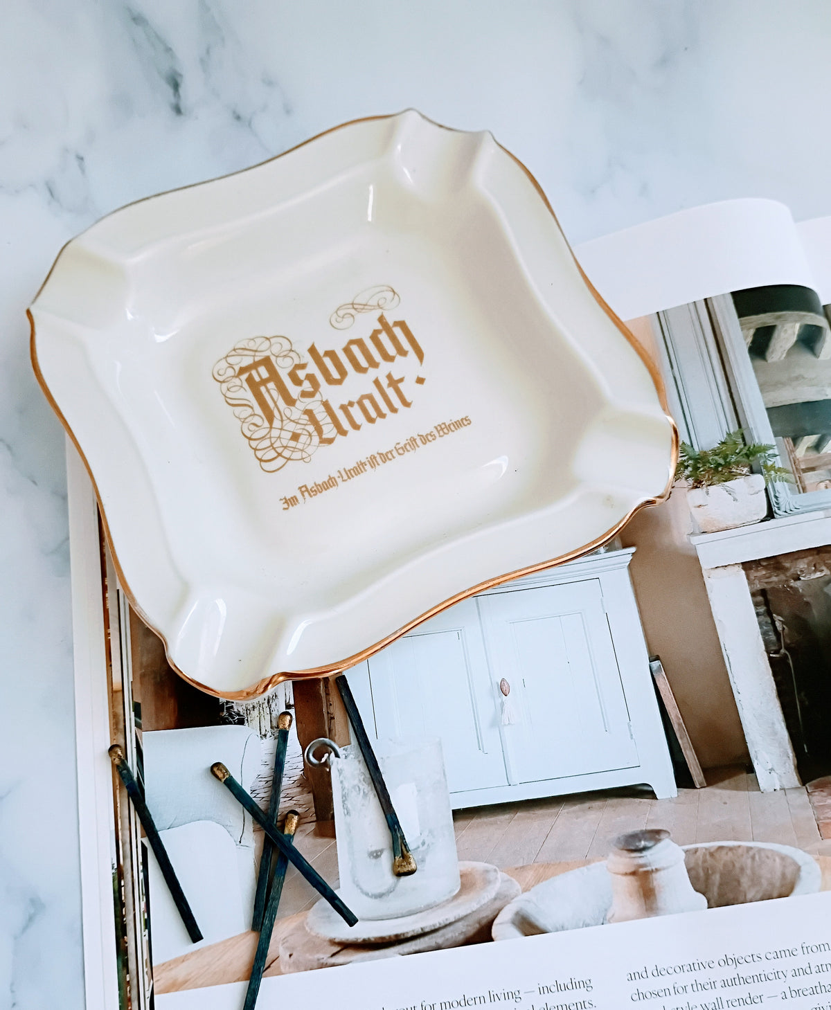 Vintage German Asbach Uralt Gold Emblem Cream Porcelain Ashtray