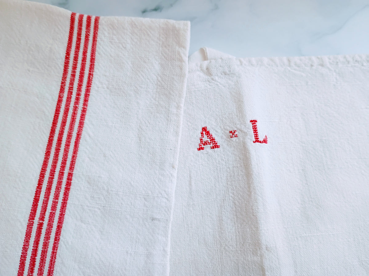 Vintage French Linen Kitchen Towel with Monogram "AL"