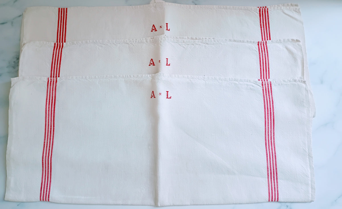 Vintage French Linen Kitchen Towel with Monogram "AL"