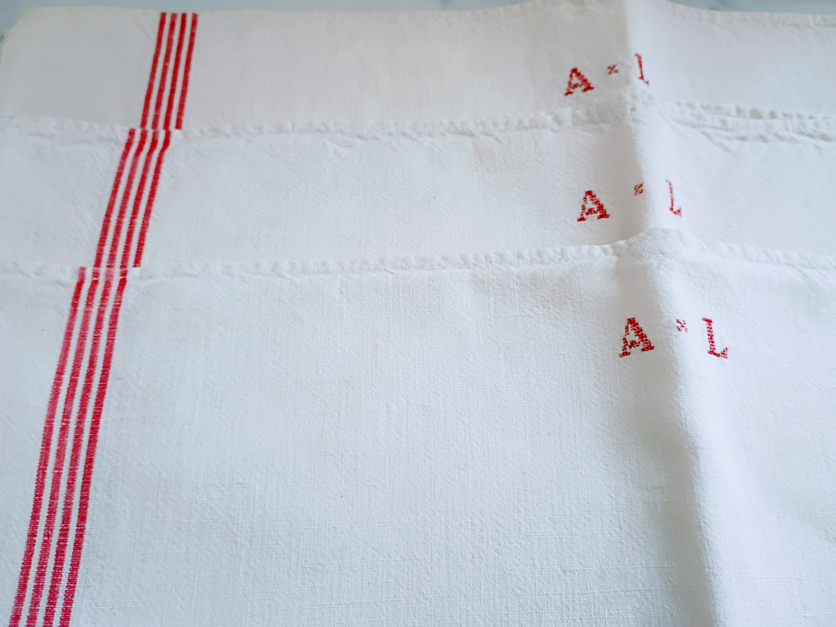 Vintage French Linen Kitchen Towel with Monogram "AL"
