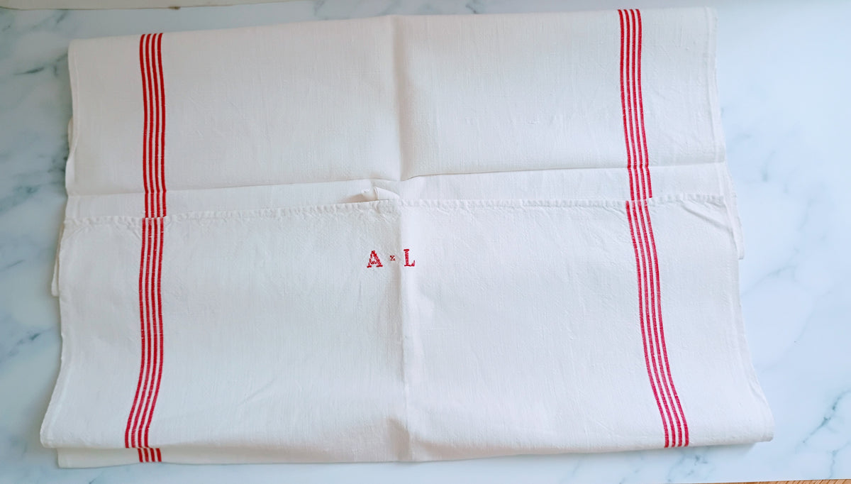 Vintage French Linen Kitchen Towel with Monogram "AL"
