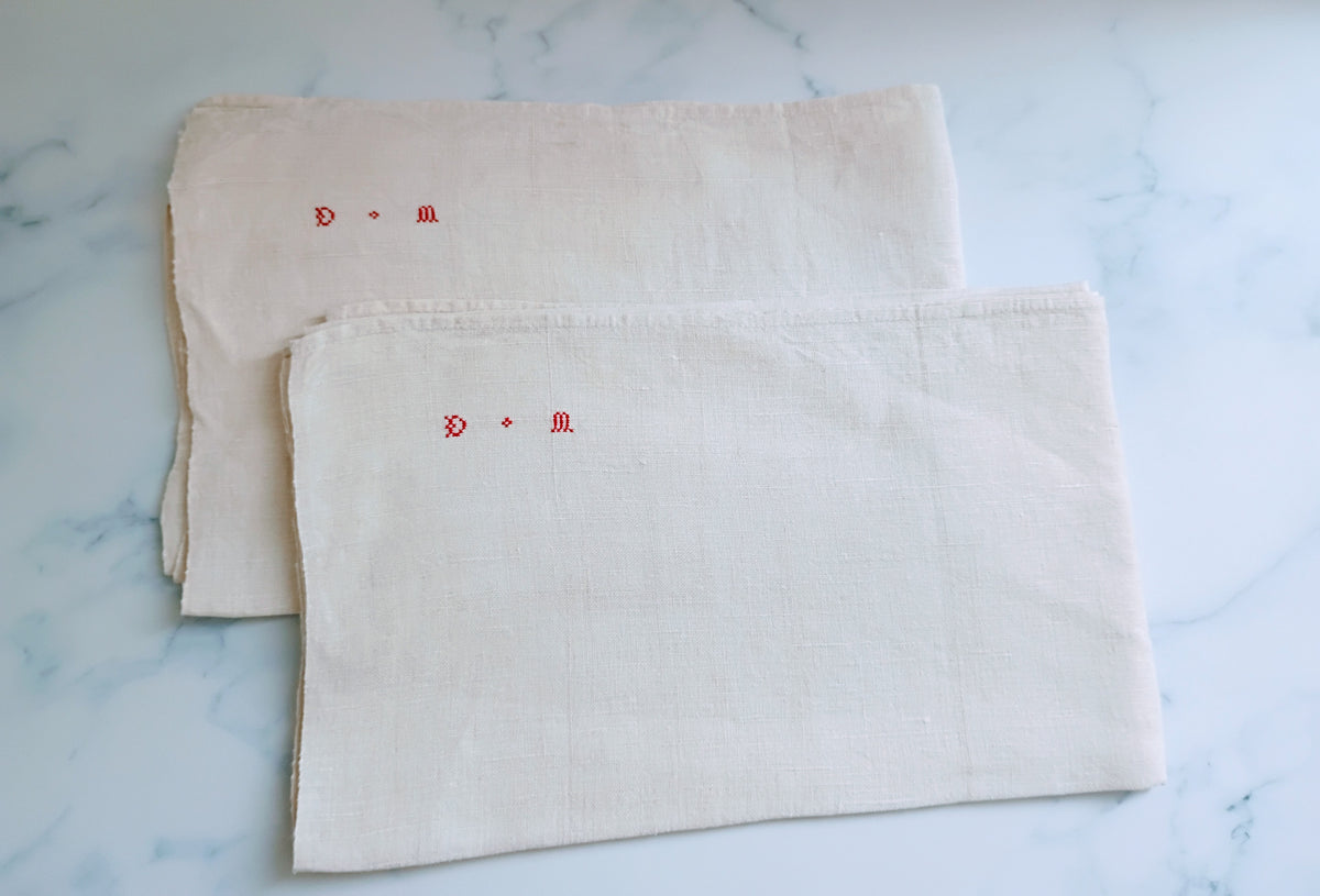 Pair Vintage French Chanvre Tea Towels, "DM" Monogram