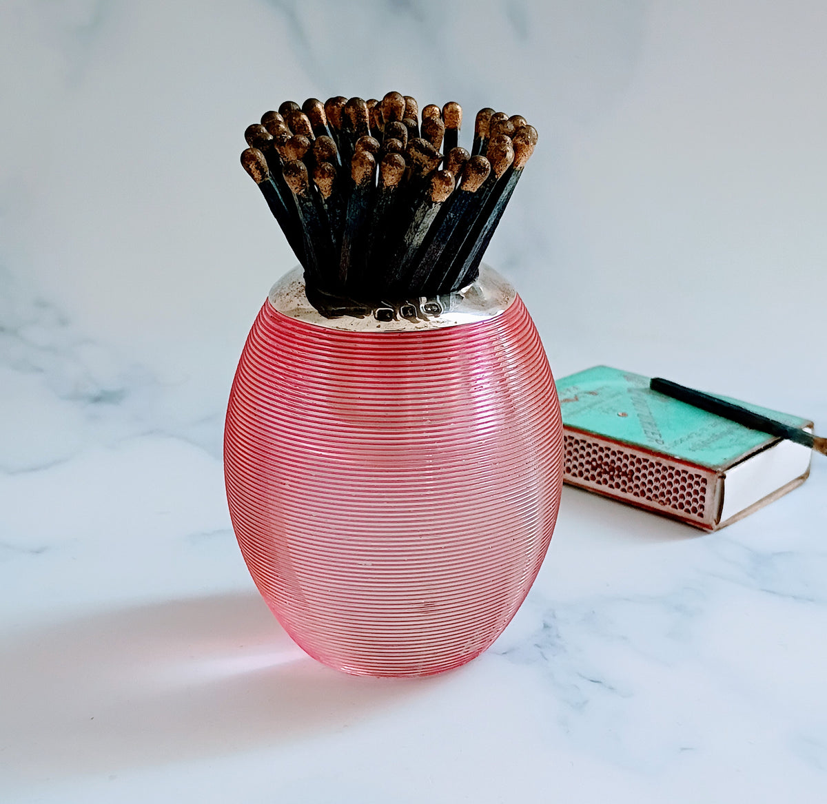 Antique 1897 Victorian Cranberry Pink Ribbed Glass Match Striker