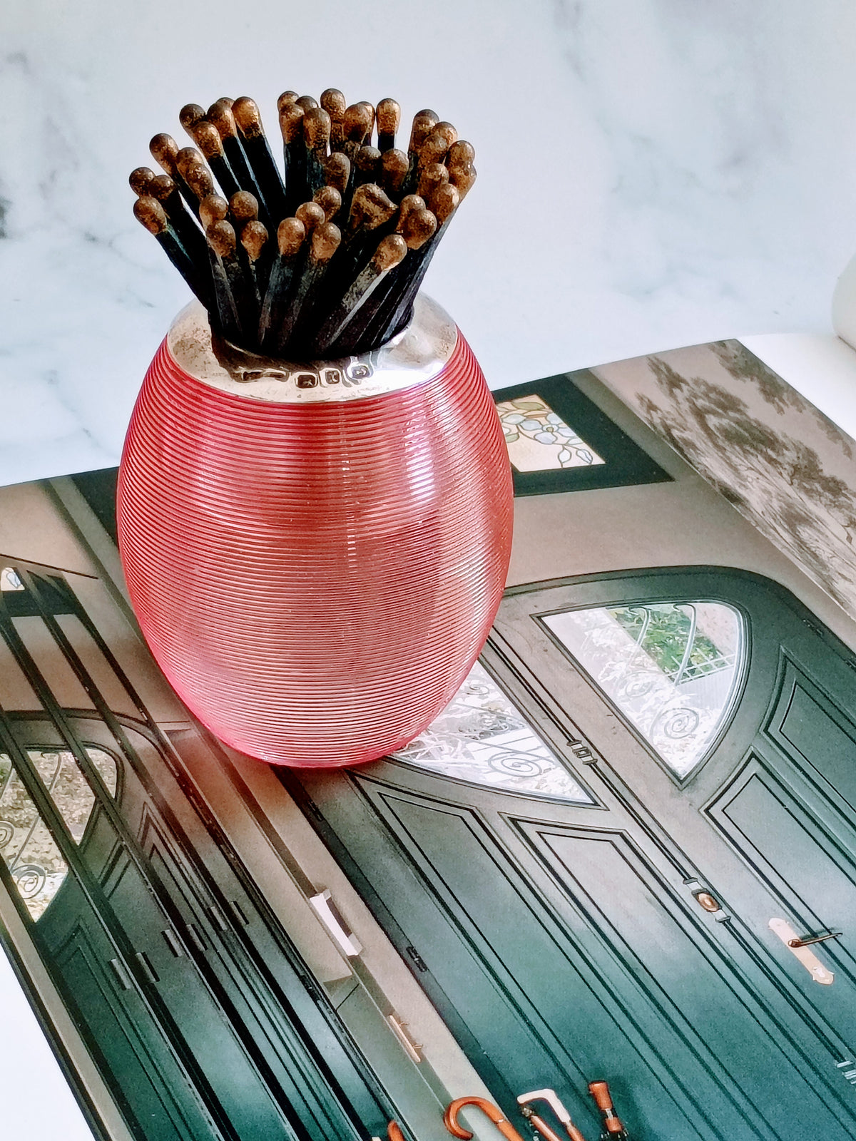 Antique 1897 Victorian Cranberry Pink Ribbed Glass Match Striker