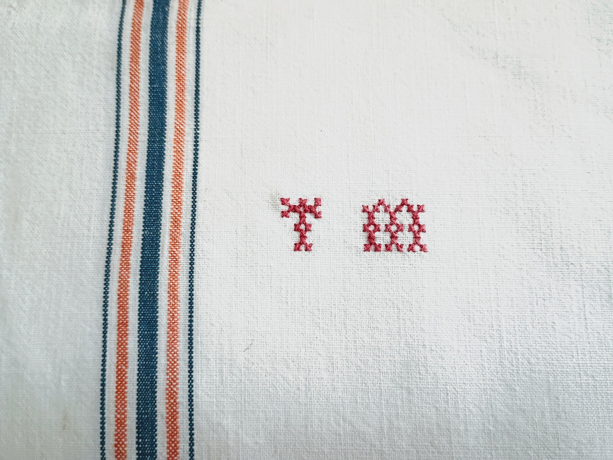 Pair Vintage French Linen Blend Stripe Tea Towels - TM Monogram