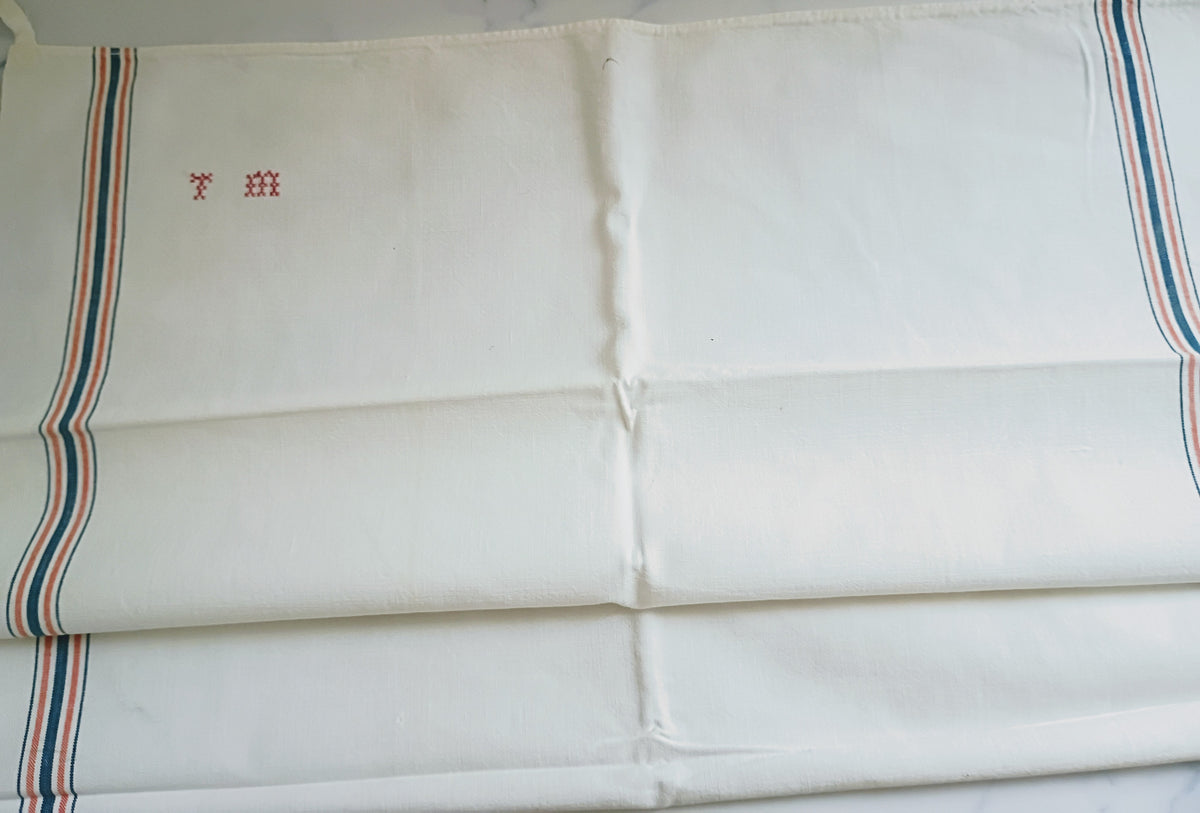 Pair Vintage French Linen Blend Stripe Tea Towels - TM Monogram
