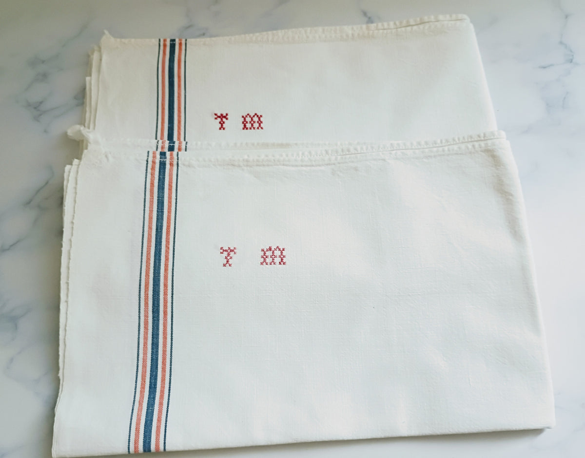 Pair Vintage French Linen Blend Stripe Tea Towels - TM Monogram