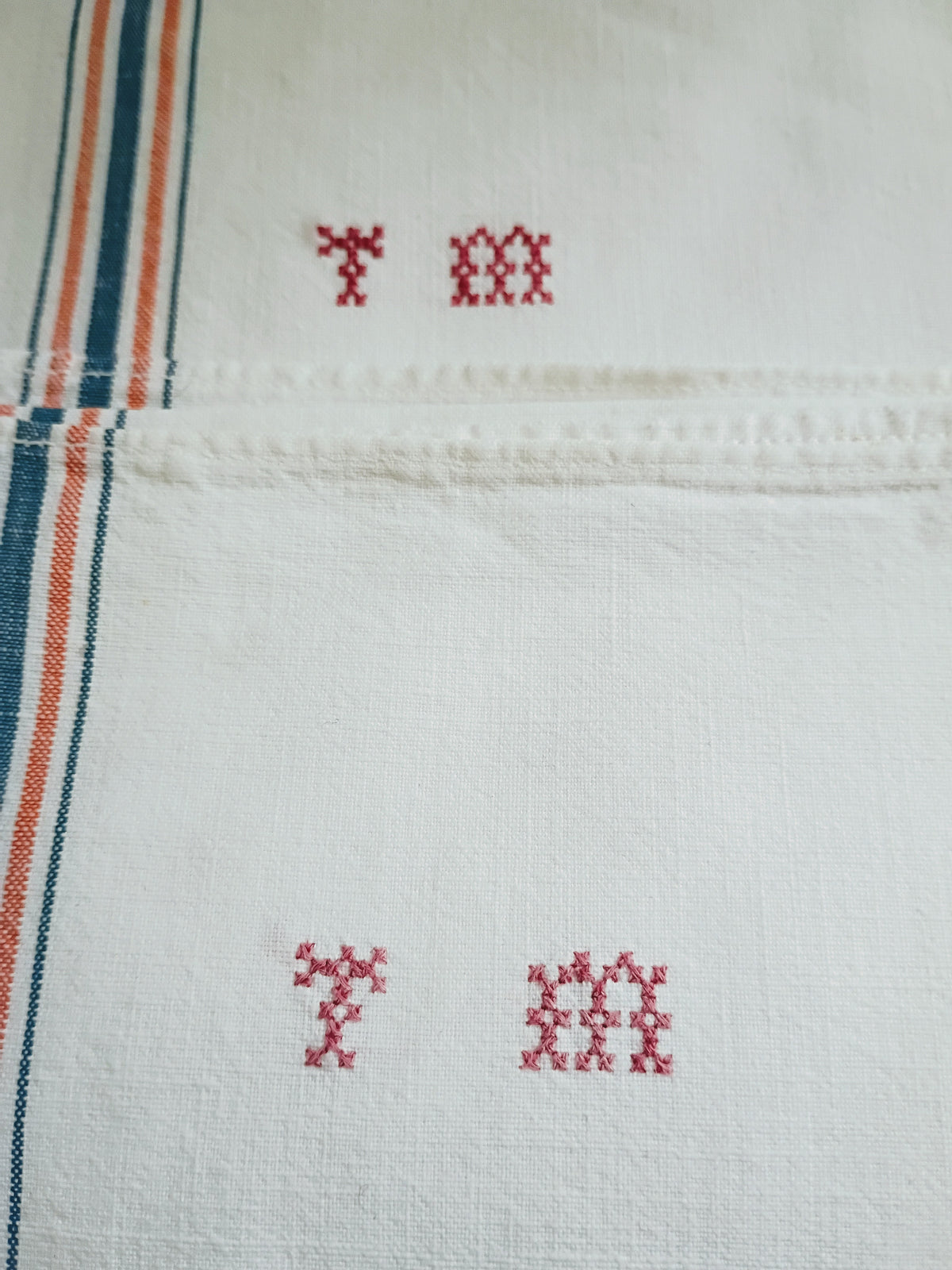Pair Vintage French Linen Blend Stripe Tea Towels - TM Monogram
