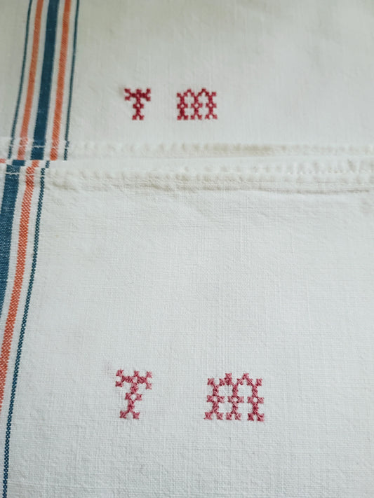 Pair Vintage French Linen Blend Stripe Tea Towels - TM Monogram