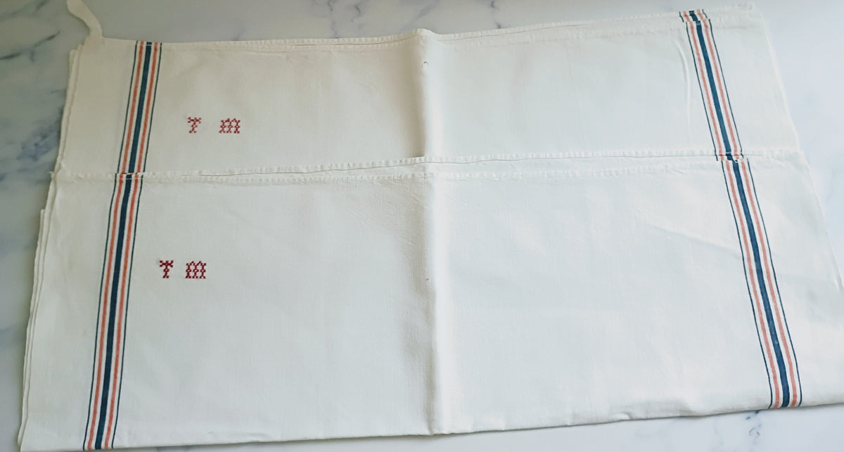 Pair Vintage French Linen Blend Stripe Tea Towels - TM Monogram