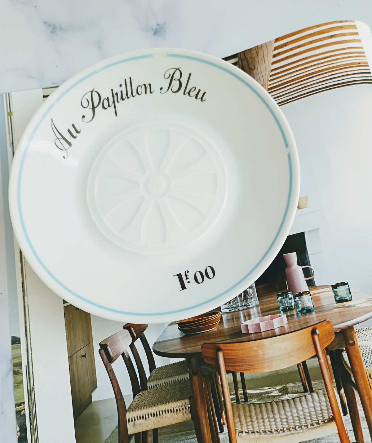 Vintage French Mid-Century Light Blue Bistro Saucer 5"- Au Papillon Bleu