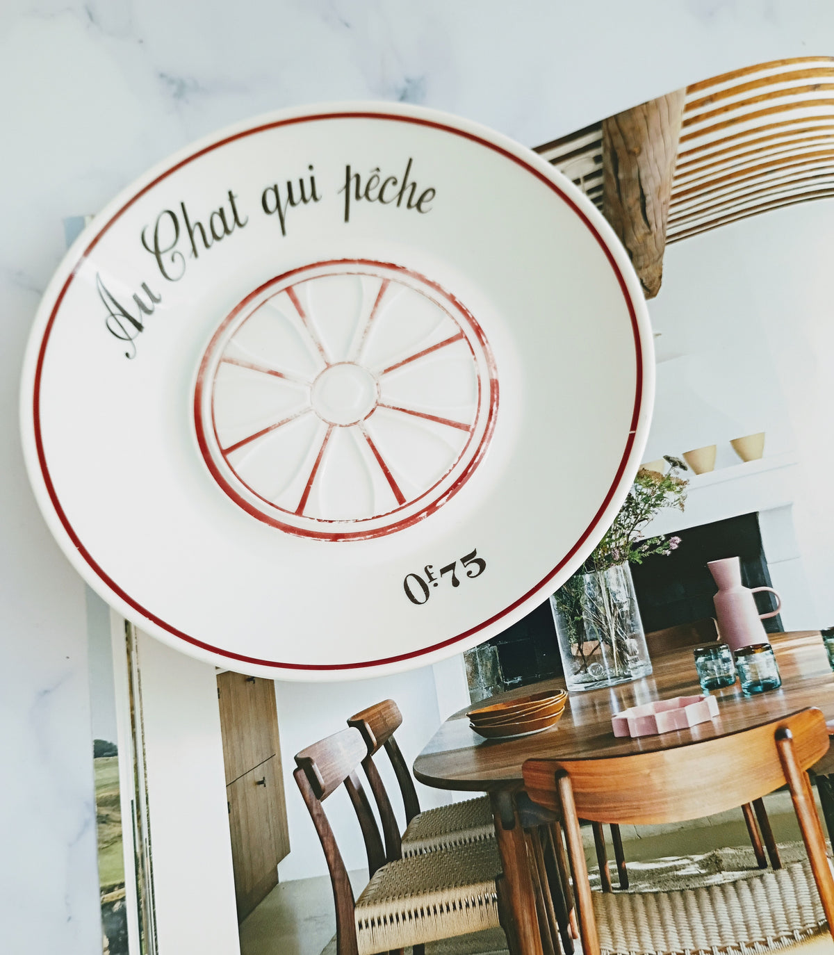 Vintage French Mid-Century Red Bistro Saucer 5"- Au Chat Qui Pêche
