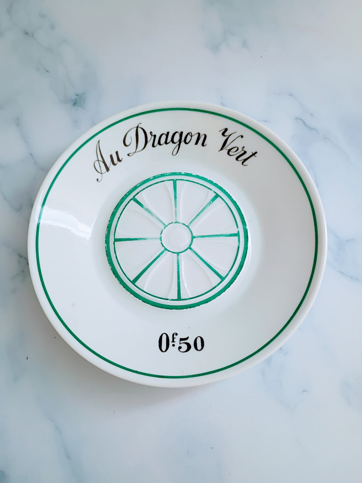 Vintage French Mid-Century Green Bistro Saucer 5"- Au Dragon Vert
