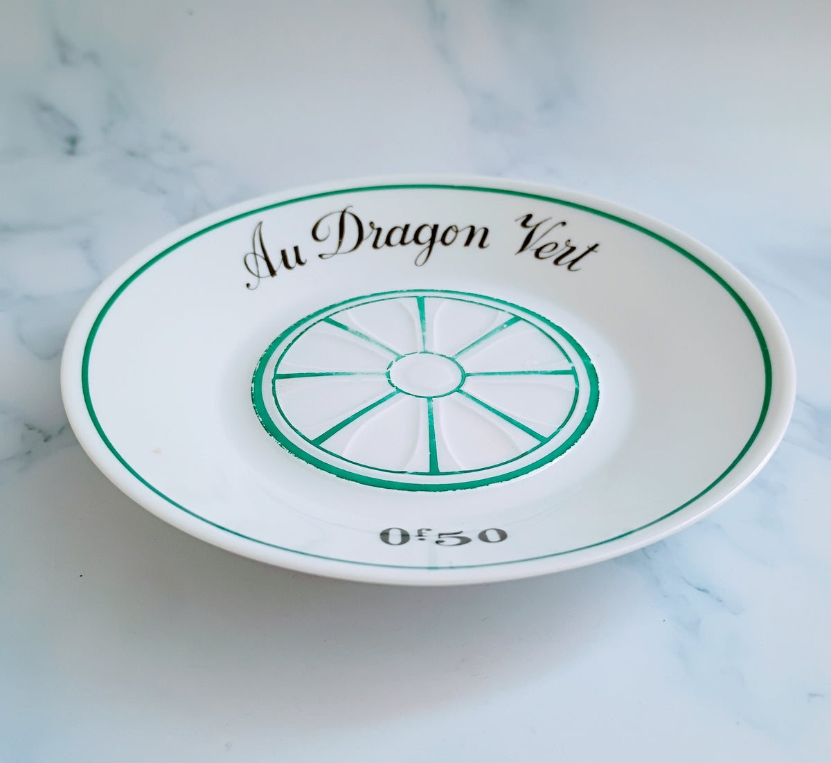 Vintage French Mid-Century Green Bistro Saucer 5"- Au Dragon Vert